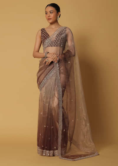Brown Glass Organza Saree With Sequin Work Pallu And Unstitched Blouse Fabric