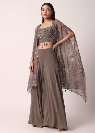 Brown Palazzo Set With Printed Jacket In Organza