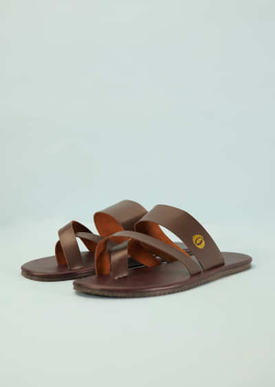 Dark Brown Strappy Slides For Men In Leather With Buttons