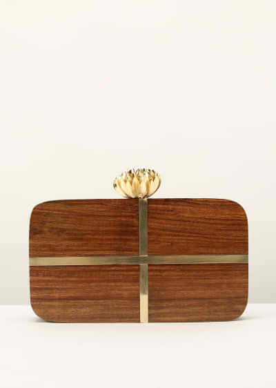 Brown Wood Box Clutch With Rounded Edges And Metal Accented Cross