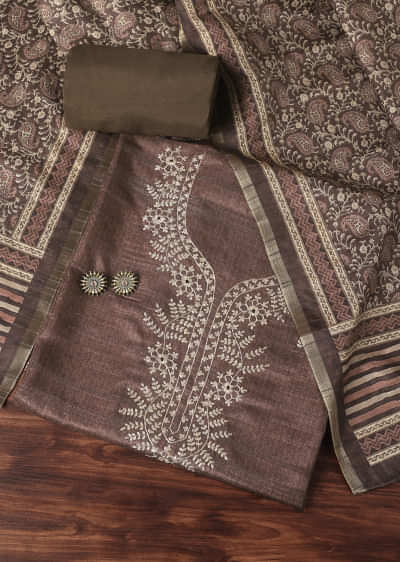 Brown Zari Embroidered Tussar Unstitched Dress Material With Kalamkari Printed Dupatta