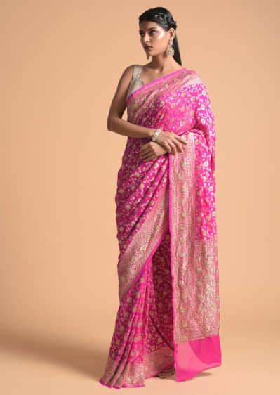 Bubblegum Pink Saree In Georgette With Brocade Floral Jaal And Cut Dana Highlights