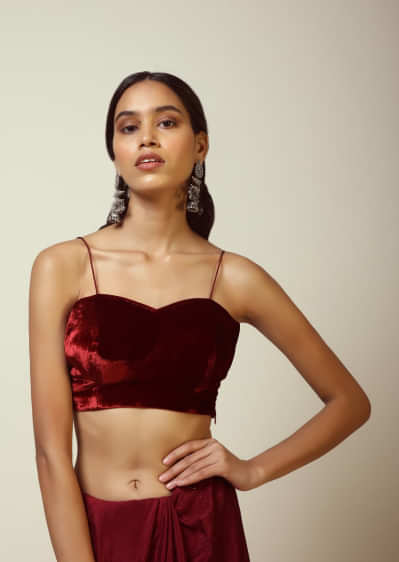 Burgundy Blouse Fabricated In Velvet With Spaghetti Straps And Sweetheart Neckline