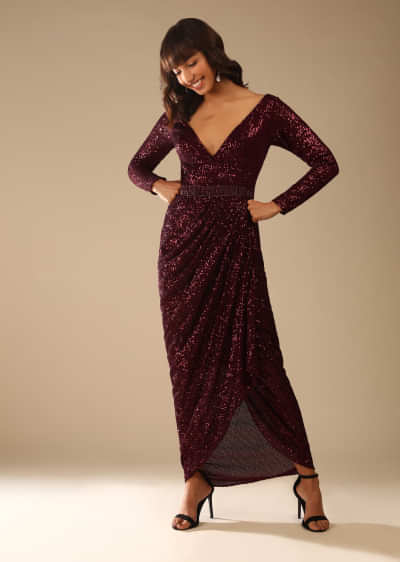 Burgundy Gown Embellished In Sequins With Fancy Drape Silhouette And Plunging V Neckline