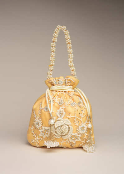 Butter Yellow Potli Bag In Raw Silk With Satin Moti Embroidery In Rose Motif And Floral Design