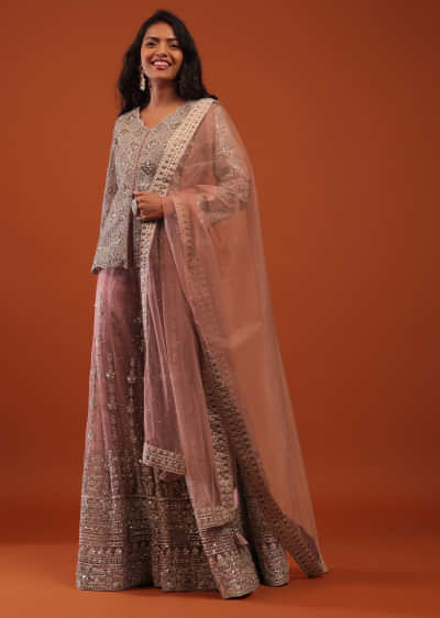 Cameo Brown Pink Embroidered Sharara Suit In Net