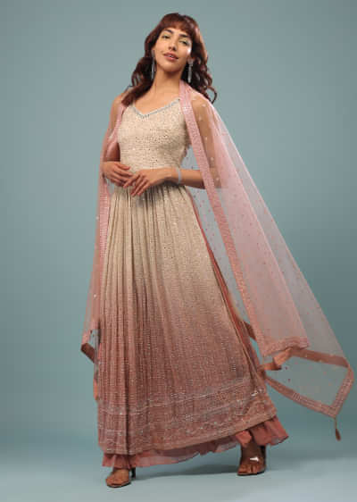 Pink Ombre Embroidered Palazzo Suit Set In Georgette
