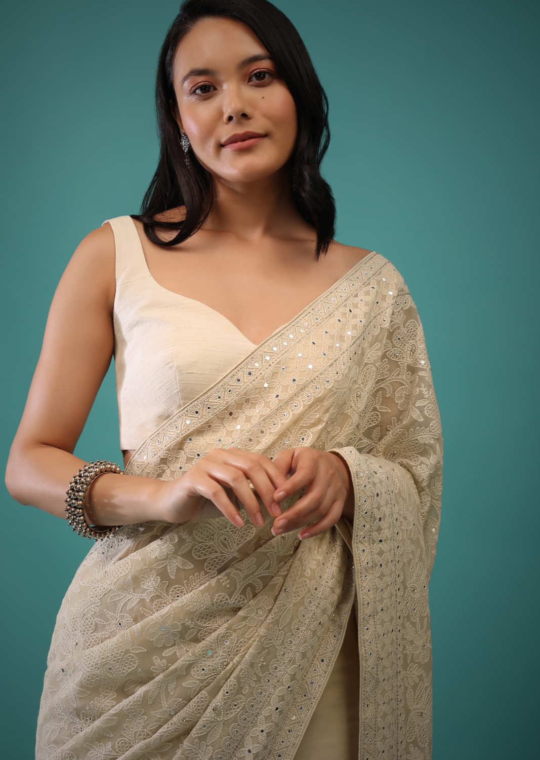 Candid Ginger Georgette Saree In Lucknowi Threadwork, Mirror Abla And Cut Dana Embroidery Buttis On The Border