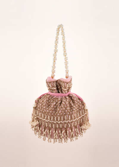 Candy Floss Pink Potli In Velvet Heavily Embroidered With Beads And Moti Work In Scalloped And Tassel