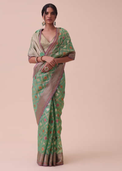 Green Kora Cotton Silk Saree With Meenakari Butti All over