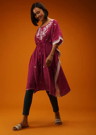 Carmine Pink Kaftan In Cotton With Bandhani Print And Mirror Embroidered Yoke Online - Re By Kalki