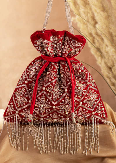 Carmine Red Potli Hand Embroidered In Raw Silk