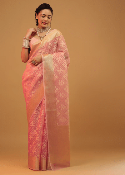 Blush Pink Saree In Banarasi Chanderi And Pure Handloom Cotton With Brocade Embroidery