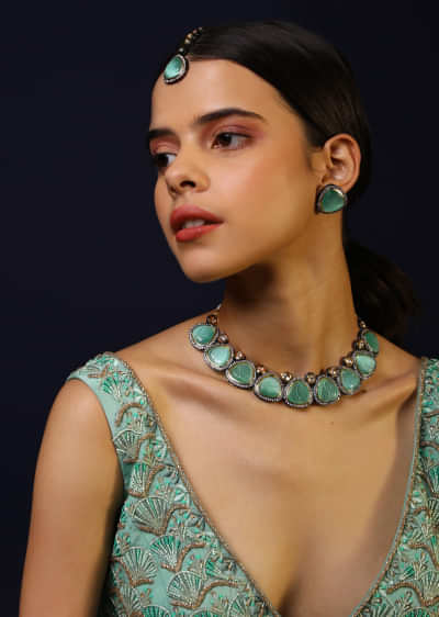 Carved Green Stone Necklace, Earrings And Mangtika Set Edged In Swarovski And Kundan