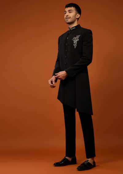 Caviar Black Indo-Western Sherwani Set Embroidered In Imported Suiting Fabric