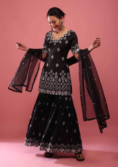 Caviar Black Lucknowi Sharara Suit In Cotton With Embroidery 