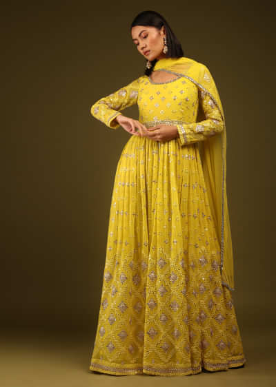 Celery Anarkali Suit In Georgette With Mirrored And Sequins Embroidery 