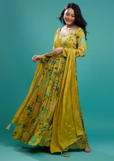 Citrus Green Chinon Tiered Floral Anarkali Suit