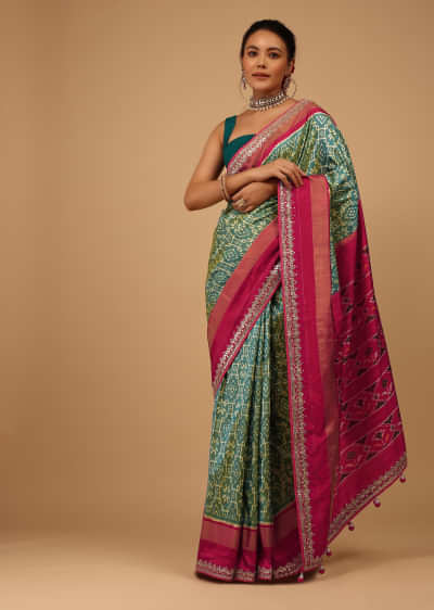 Cendre Blue Saree In Pure Silk With Lime Green Luminous Shade, Handloom Patola Ikat Weave