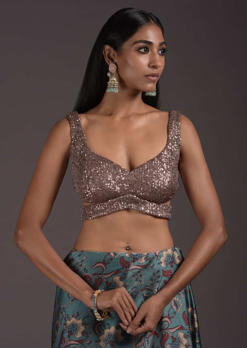 Champagne Gold Sleeveless Blouse Embellished In Sequins With Cutouts On The Sides And Back