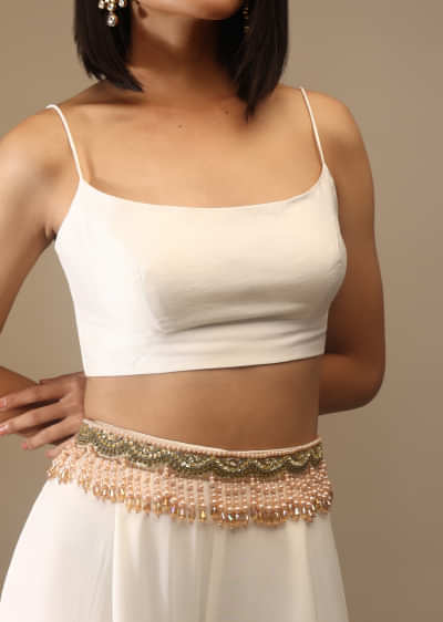 Champagne Beige Embroidered Belt With Moti Fringes