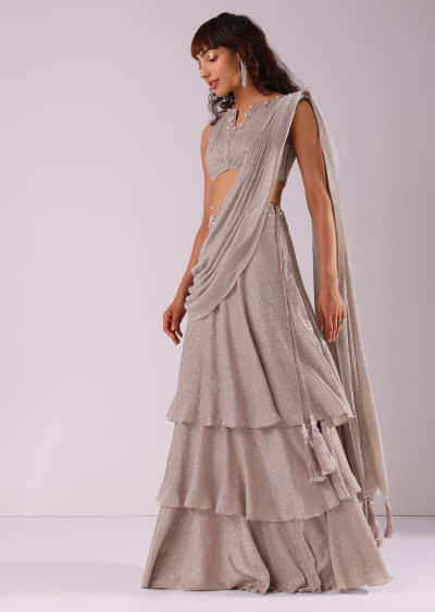 Champagne Grey Embroidered Ready-To-Wear Saree In Knit Fabric