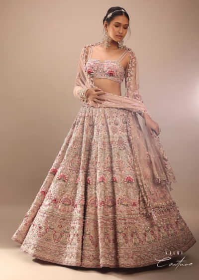 Charm Pink Rumi Lehenga Set With Matching Crop Top In 3D Flower Motifs And Abla Embroidery