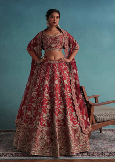 Cherry Red Embroidered 12 Kali Bridal Lehenga In Raw Silk With Floral Hand Embroidery