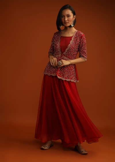 Chilli Pepper Red Palazzo And Peplum Suit In Organza With Flower Sequins And Cut Dana Work