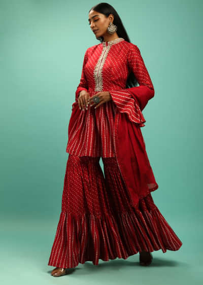 Chilly Red Sharara And Peplum Suit In Raw Silk With Bandhani Print And Moti Work  