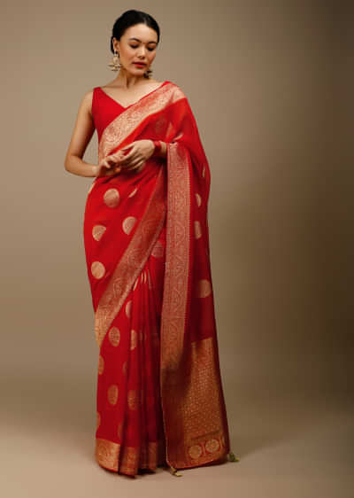 Chinese Red And Orange Shaded Saree In Organza With Brocade Woven Round Ethnic Buttis And Geometric Pallu Design 