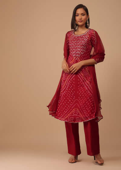 Maroon Red Gotta Embroidered Bandhani Printed Georgette Palazzo Suit With Chiffon Dupatta