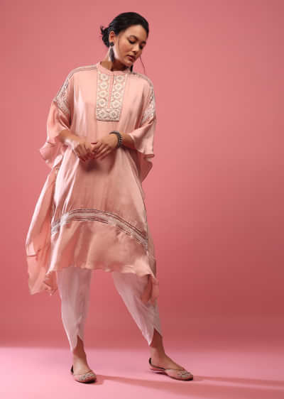 Chintz Rose Pink Kaftan Suit Embroidered In Satin With Dhoti Pants