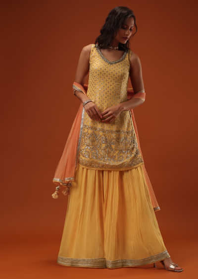 Chrome Yellow Georgette Kurti Palazzo Set With Sequins Embroidery