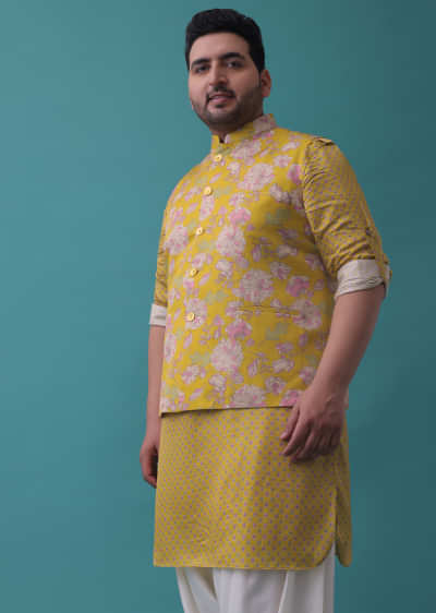 Chrome Yellow Linen Jacket Kurta Set With Floral Pattern