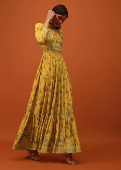 Chrome Yellow Satin Kurti With Sequins And Thread Work
