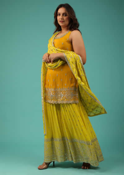 Chrome Yellow Sharara Suit In Chinon With Embroidery
