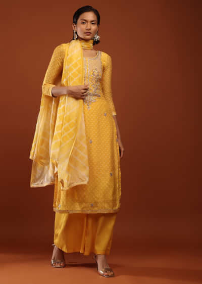 Chrome Yellow Straight Cut Palazzo Suit With Bandhani Print And Detailed Yoke In Gotta And Moti Work