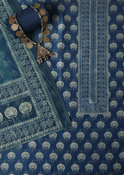 Indigo Printed Chanderi Unstitch Dress Material Set
