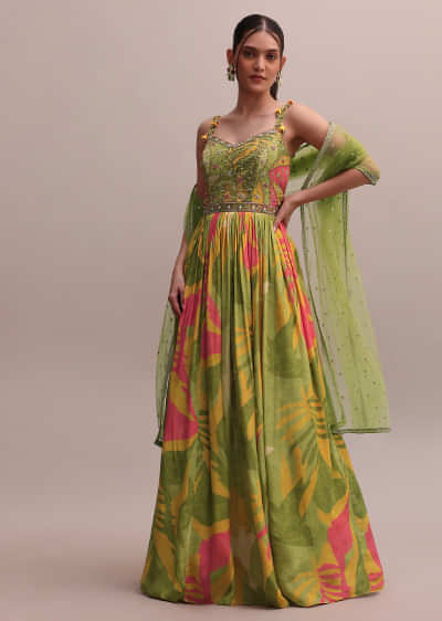 Classic Green Crepe Floor length Embroidered Anarkali With Net Dupatta