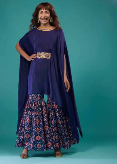 Indigo Blue Printed Sharara Suit Se With Kaftan Top In Satin