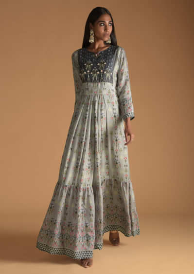 Cloud Grey Cotton Silk Tunic With Embroidery On The Bodice And Printed Floral And Bird Motifs  