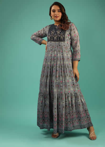 Cloud Grey Cotton Silk Tunic With Printed Floral And Bird Motifs Along With Embroidered Bodice