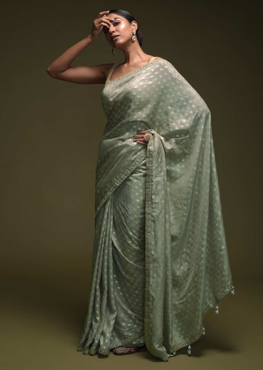Cloud Grey Saree In Silk Blend With Brocade Buttis And Gotta Patti Embroidered Border Online - Kalki Fashion