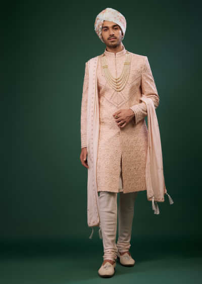 Cream Pink Embroidered Sherwani Set In Raw Silk