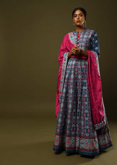 Cobalt Blue Anarkali Suit In Cotton Silk With Patola Print All Over And Contrasting Pink Printed Dupatta  