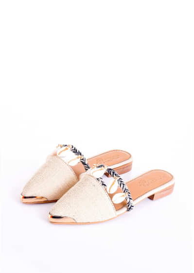 Cream Beige Mules Adorned In Wooden Beads And Conchas Along With Black Braiding By Sole House