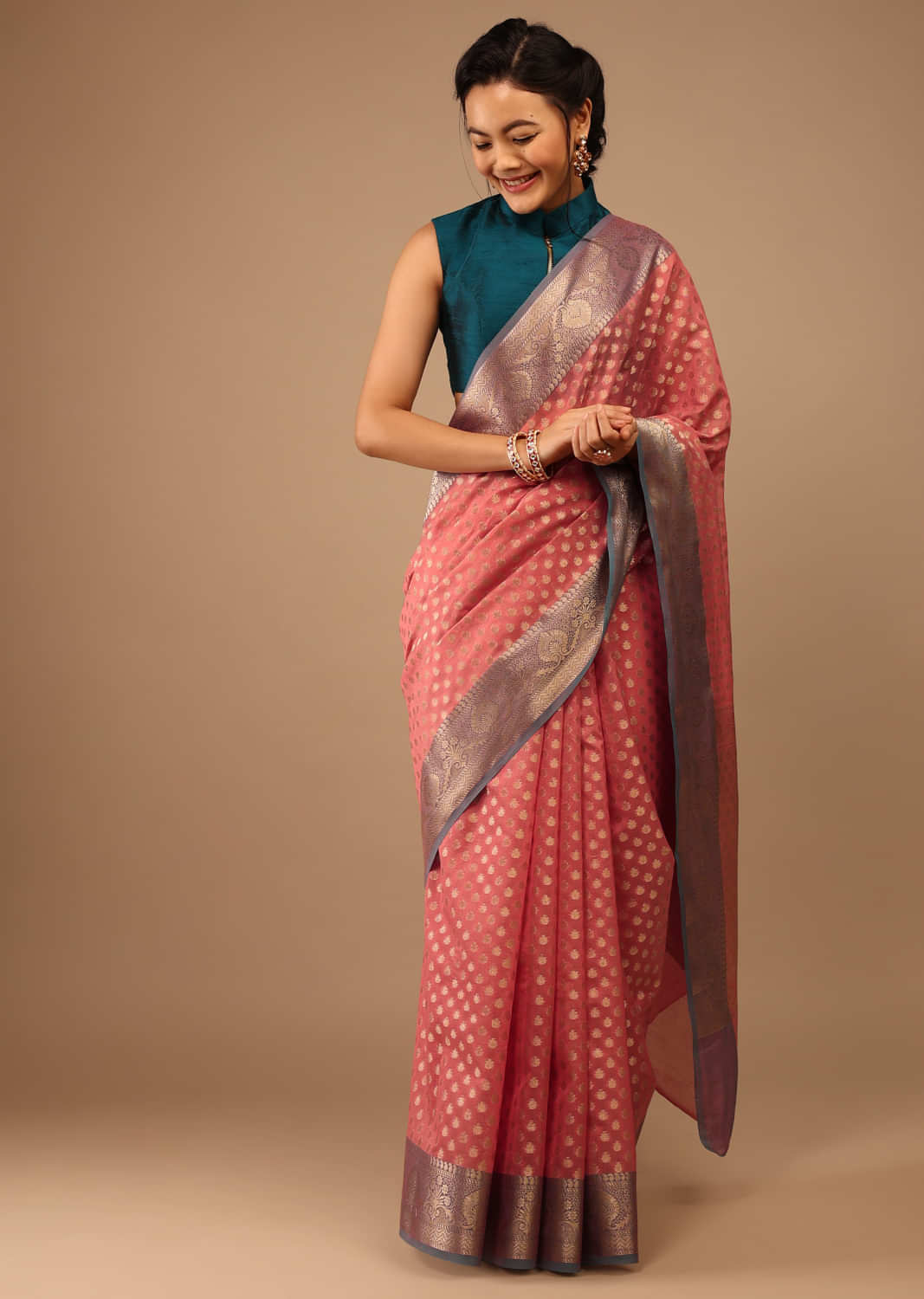 Confetti Pink Saree In Banarsi Chanderi & Pure Handloom Cotton