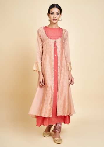 Coral A Line Suit With Sequins And Zari Embroidered Buttis And Peach Long Jacket