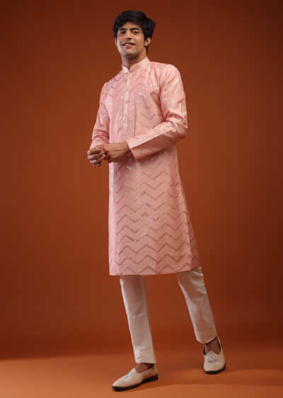 Coral Cloud Raw Silk Kurta Set With Sequins Embroidery, Placket In Zari, And Thread Work